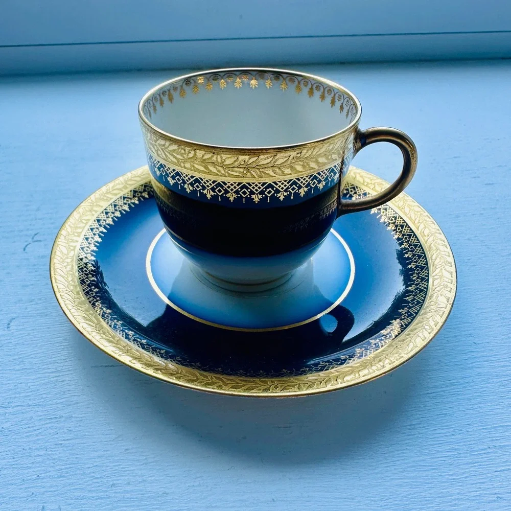 J Pouyat Limoges Cobalt Blue Gold Encrusted Tea Cup and Saucer Set France